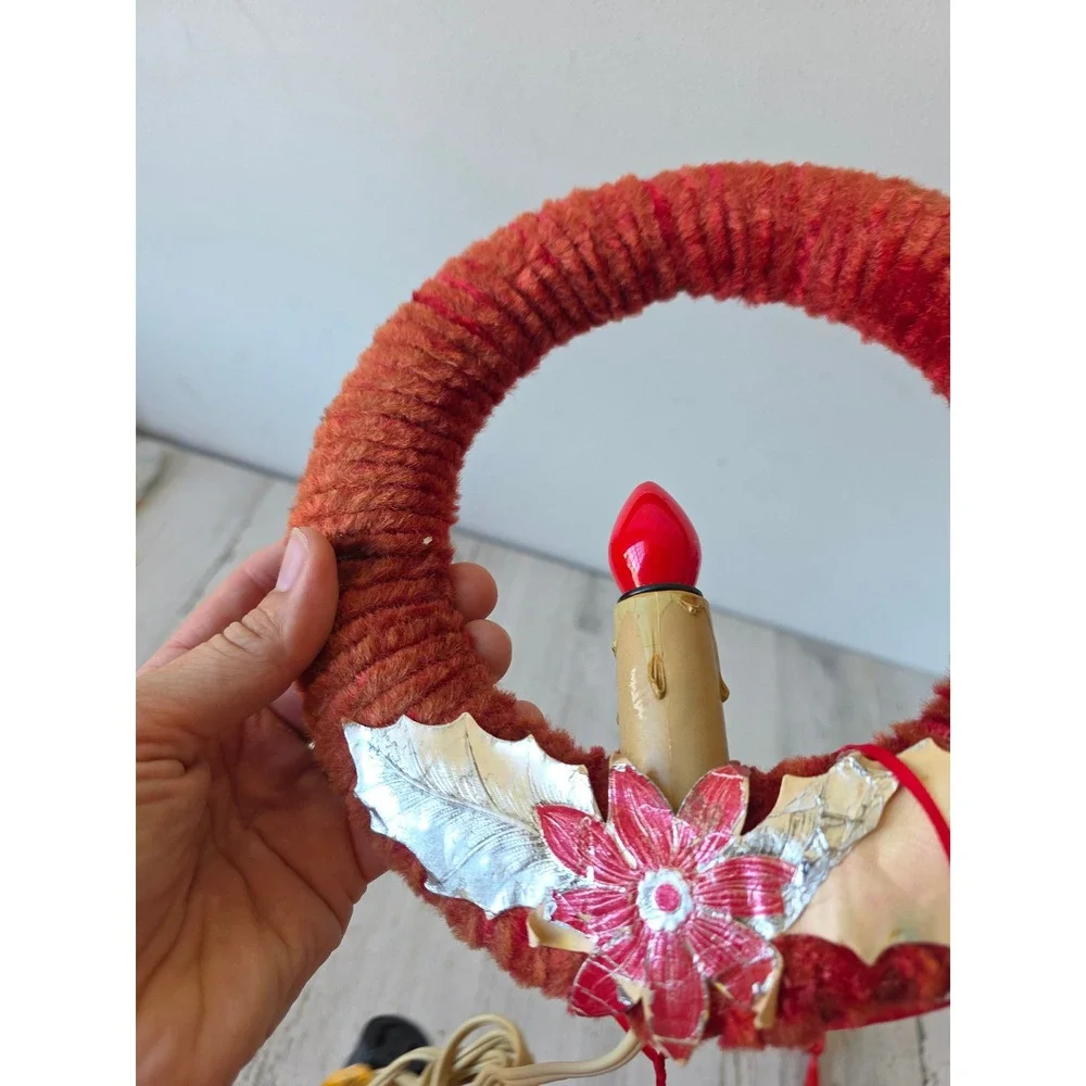 Vintage chenille wreath poinsettia hanging Xmas decor red